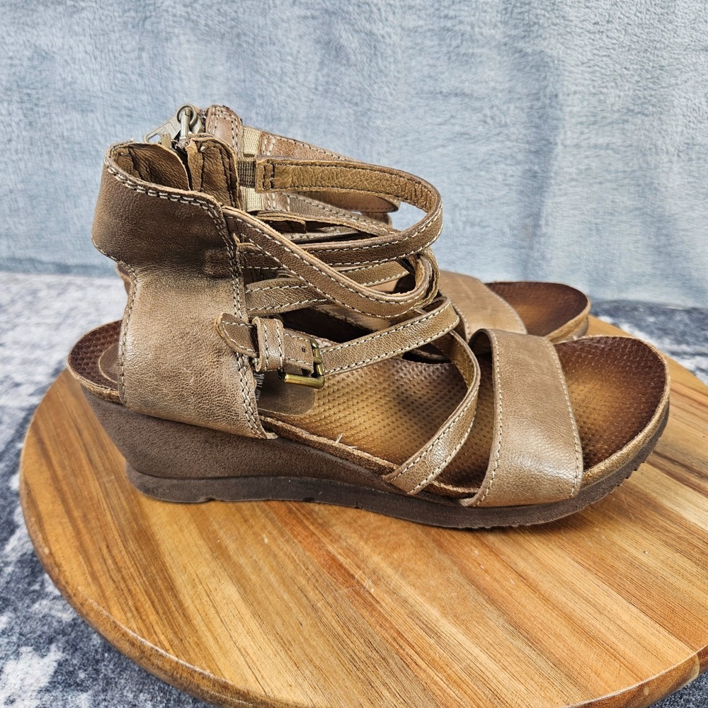 Miz Mooz Shay Sandals Leather Ankle Strap Strappy Zip Wedge Brown 37 US 6.5-7